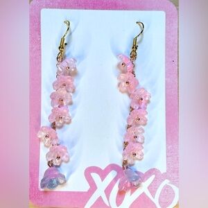 Floral Pink and Gold Dangle Earrings Handmade